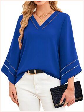 V Neck Chiffon Blouses 3/4 Bell Sleeve Shirts Work Tops